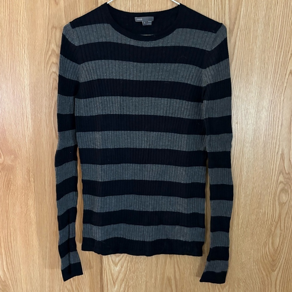 Vince Striped Pullover Black/ Gray Cable Knit Sweater